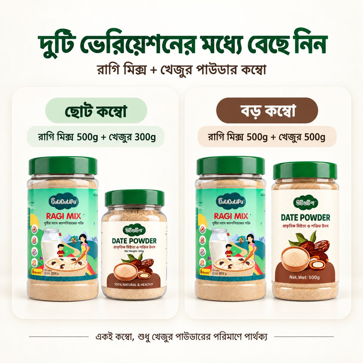GutiGutiPa Ragi Mix and Date Powder combo variants: 500g + 300g and 500g + 500g